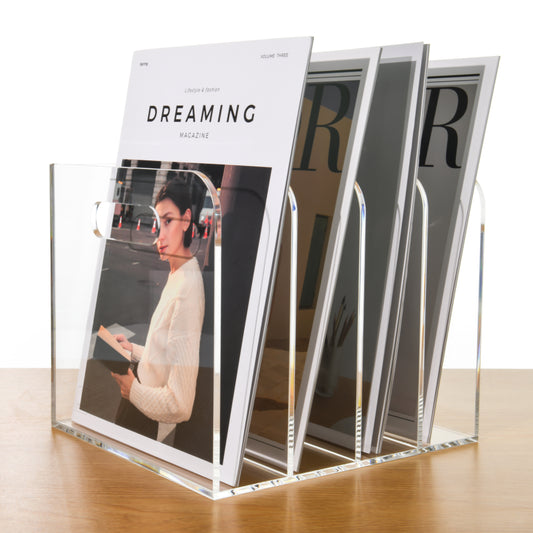 AIMOLLY transparent acrylic file rack - 3/4 vertical compartment desktop organizer, suitable for office and home, desk file storage rack(Model AML-056/057)