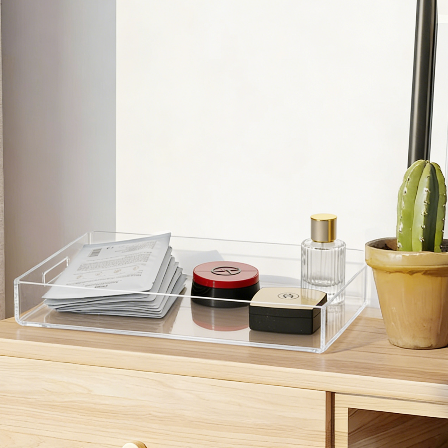 AIMOLLY - Clear Acrylic Serving Tray with Handles, Modern Rounded Square Tray for Bedroom Vanity, Coffee Table, Ottoman & Breakfast in Bed (Model: AML-HO25-0018)