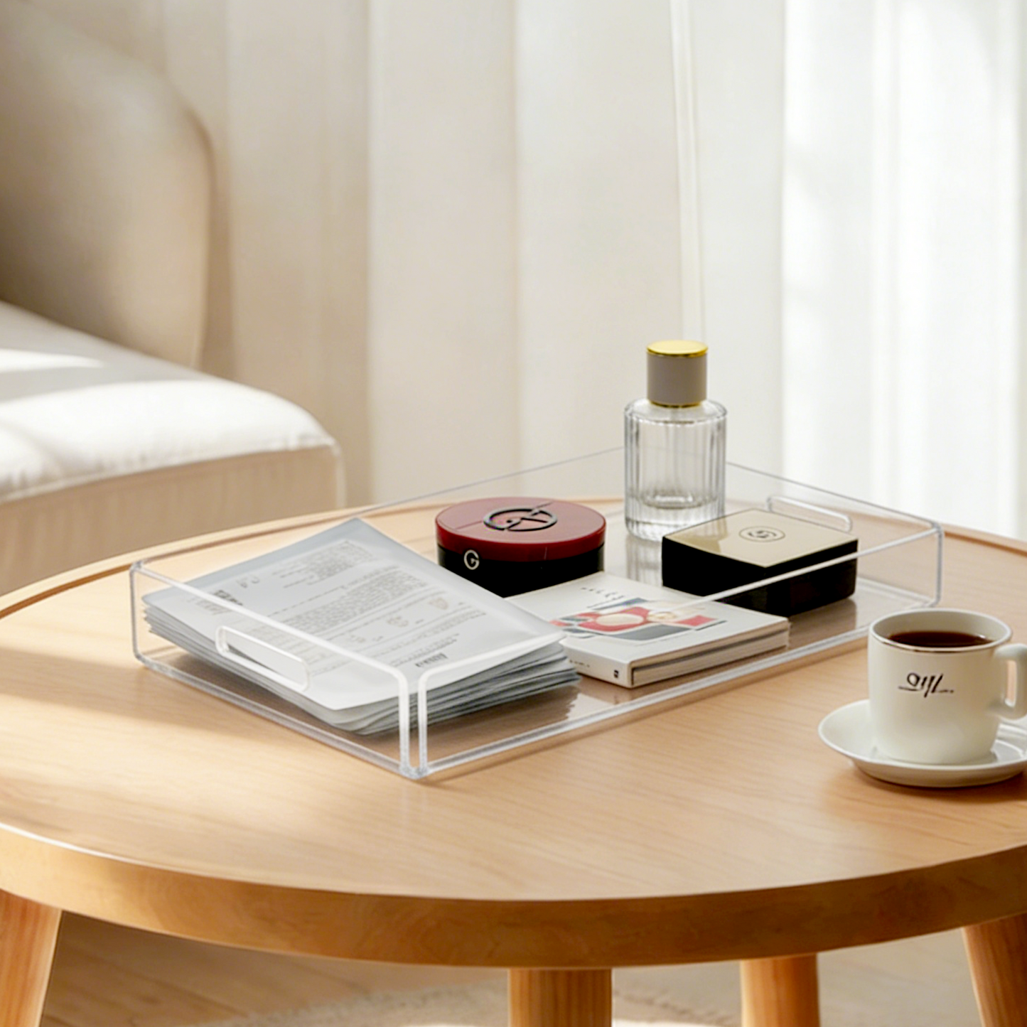 AIMOLLY - Clear Acrylic Serving Tray with Handles, Modern Rounded Square Tray for Bedroom Vanity, Coffee Table, Ottoman & Breakfast in Bed (Model: AML-HO25-0018)