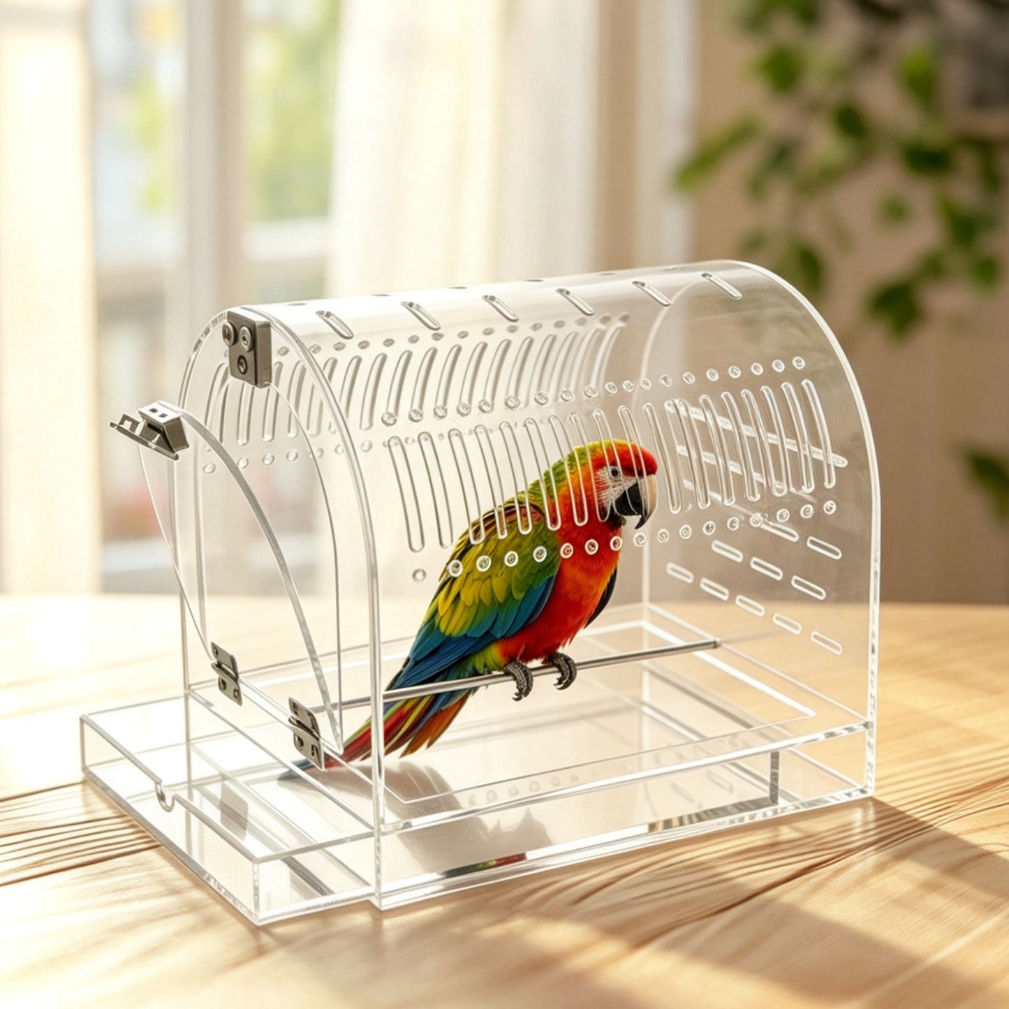 AIMOLLY Acrylic parrot cage,Magnetic sliding top, transparent portable parrot cage, breathable small pet bird cage.Model: AML-PE25-0008