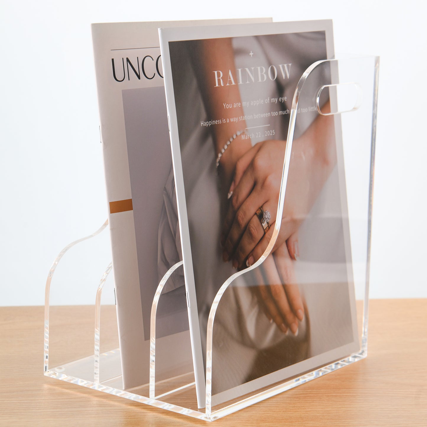 AIMOLLY Acrylic Magazine File Rack -3/5 Compartment Vertical Compartment Desktop Organizer, Clear Document Sorter with Binders, Suitable for Office, Bookstore and Workspace Storage. (Model AML-003/004)