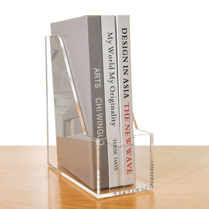 AIMOLLY Vertical Acrylic Magazine File Rack, Classroom Organization and Storage, Transparent Bookend File Sorter, Desktop File Organizer 1-Pack(Model AML-007/008)