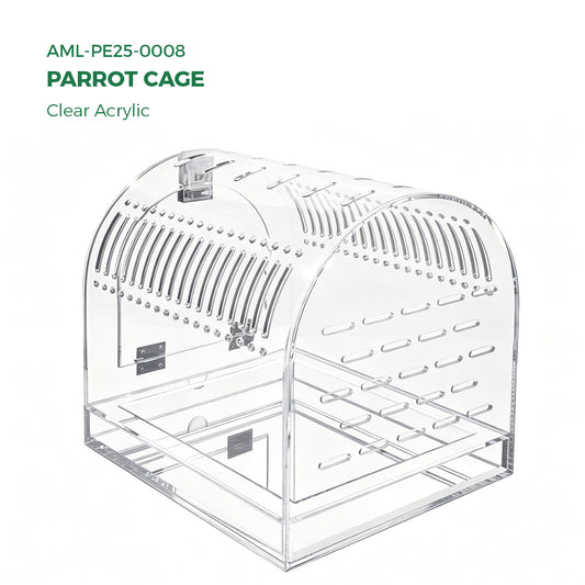 AIMOLLY Acrylic parrot cage，Magnetic sliding top, transparent portable parrot cage, breathable small pet bird cage.Model: AML-PE25-0008