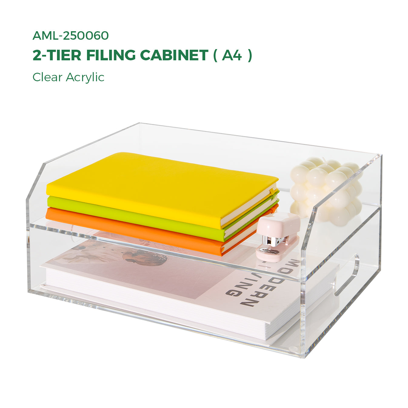 AIMOLLY book paper tray organizer, suitable for double-layer acrylic organizers and accessories on the desktop, one-piece A4 paper organizer with handle, transparent letter tray and compact office folder, model AML-060/061)