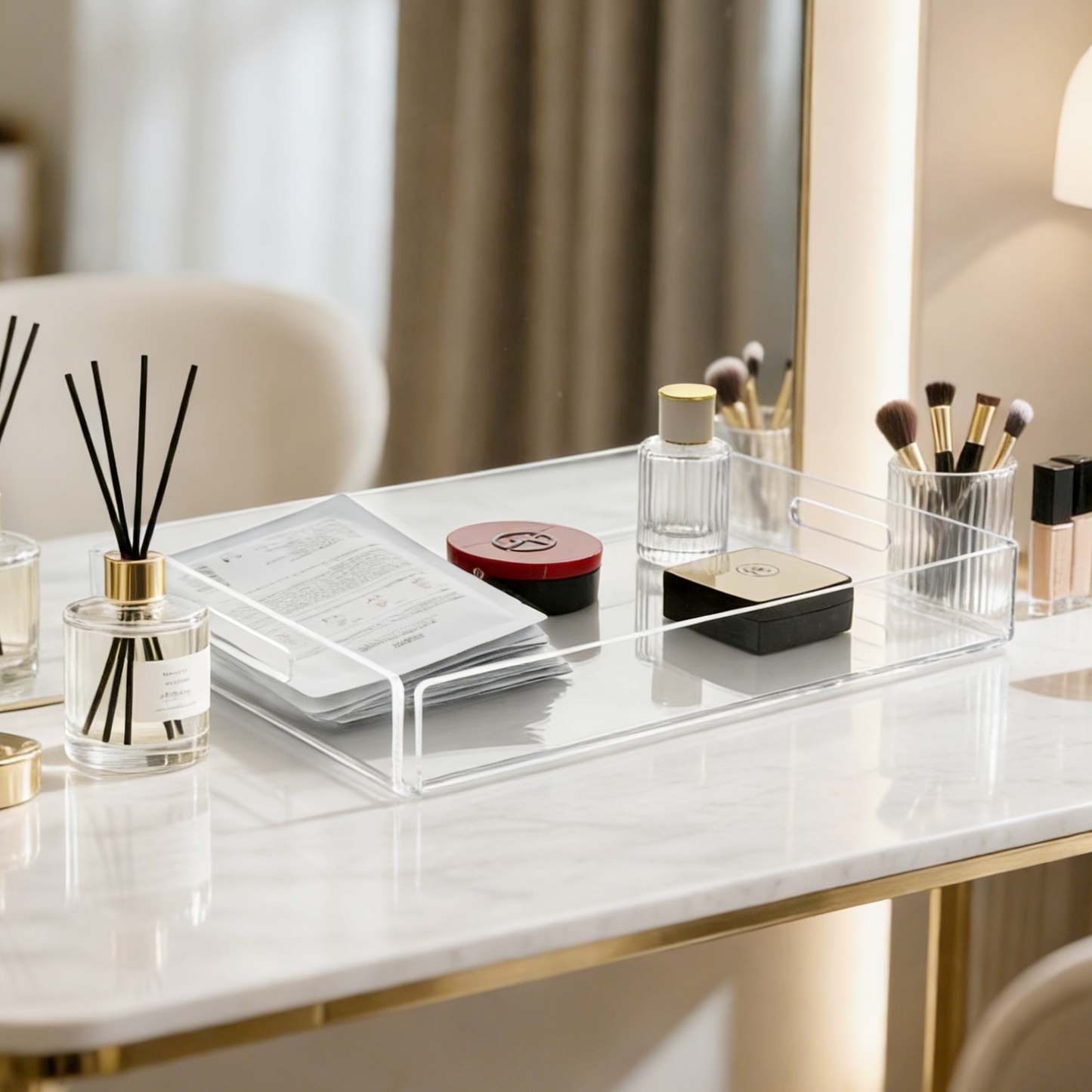AIMOLLY - Clear Acrylic Serving Tray with Handles, Modern Rounded Square Tray for Bedroom Vanity, Coffee Table, Ottoman & Breakfast in Bed (Model: AML-HO25-0018)