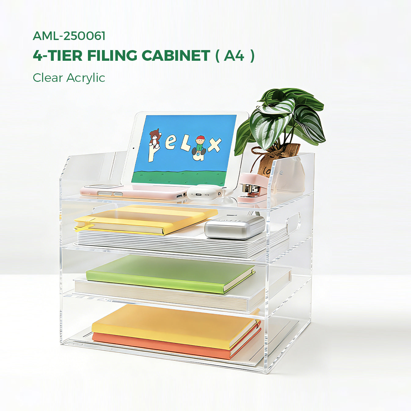 AIMOLLY book paper tray organizer, suitable for double-layer acrylic organizers and accessories on the desktop, one-piece A4 paper organizer with handle, transparent letter tray and compact office folder, model AML-060/061)