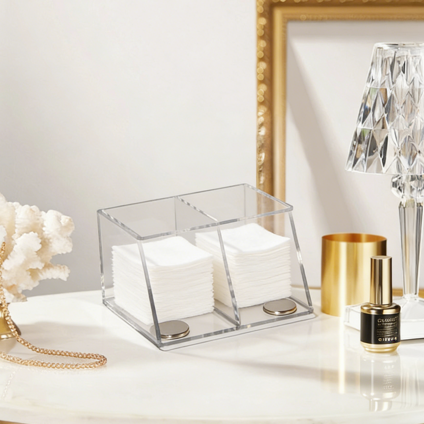 AIMOLLY Small Clear 2-Compartment Acrylic Makeup Organizer - Transparent Shatter-Proof Plastic Makeup Holder, Vanity Storage Solution for Bathroom & Beauty Supplies Model: AML-HO25-0019)