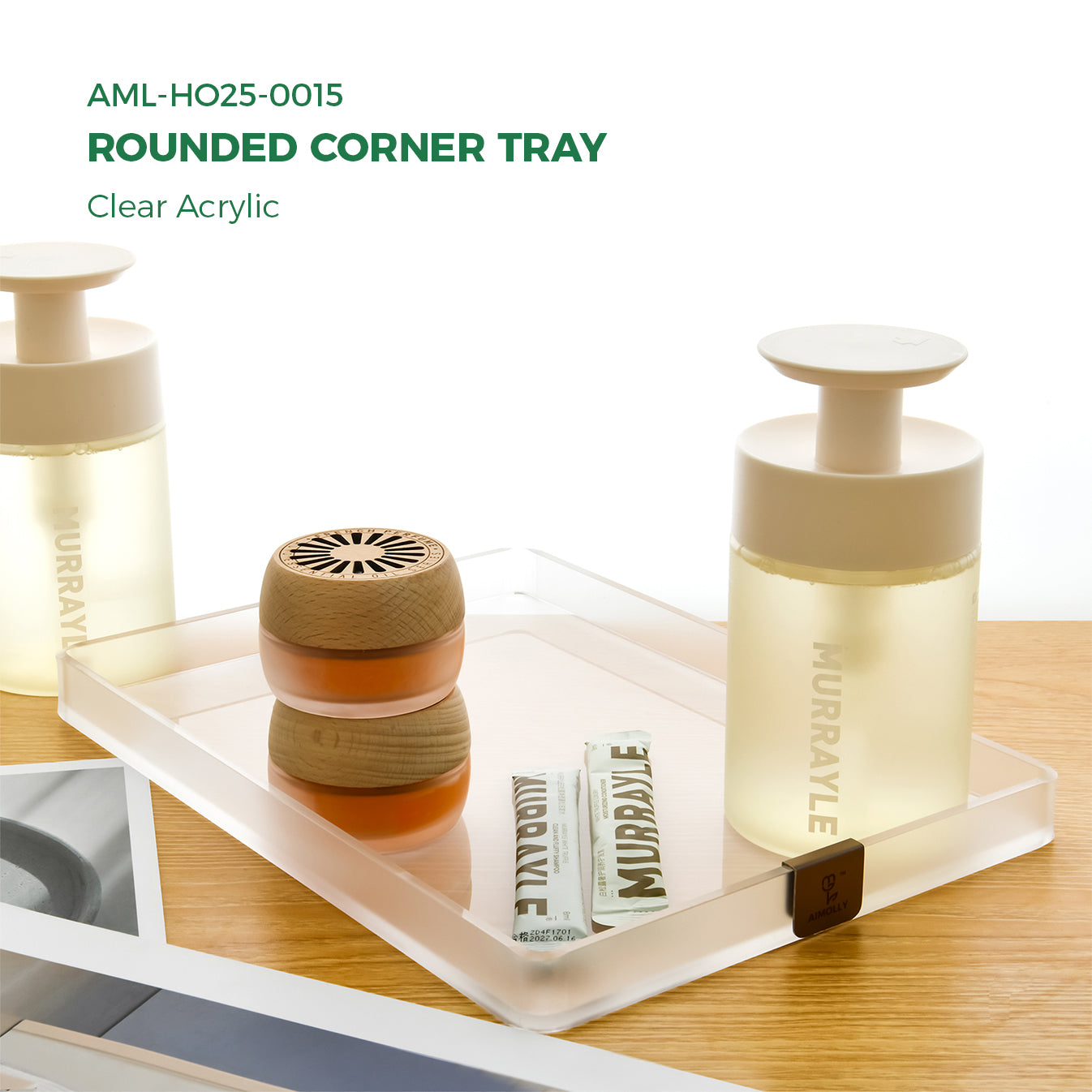AIMOLLY Rounded Corner Tray - Elegant Clear Acrylic Serving Tray with Handles, Perfect for Breakfast, Dining, Makeup Organizer, Bathroom Vanity, Coffee Table & Ottoman (Model: AML-HO25-0015-0016)