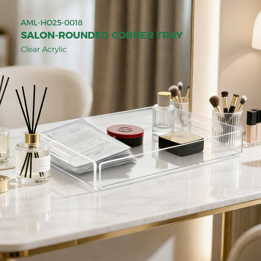 AIMOLLY - Clear Acrylic Serving Tray with Handles, Modern Rounded Square Tray for Bedroom Vanity, Coffee Table, Ottoman & Breakfast in Bed (Model: AML-HO25-0018)