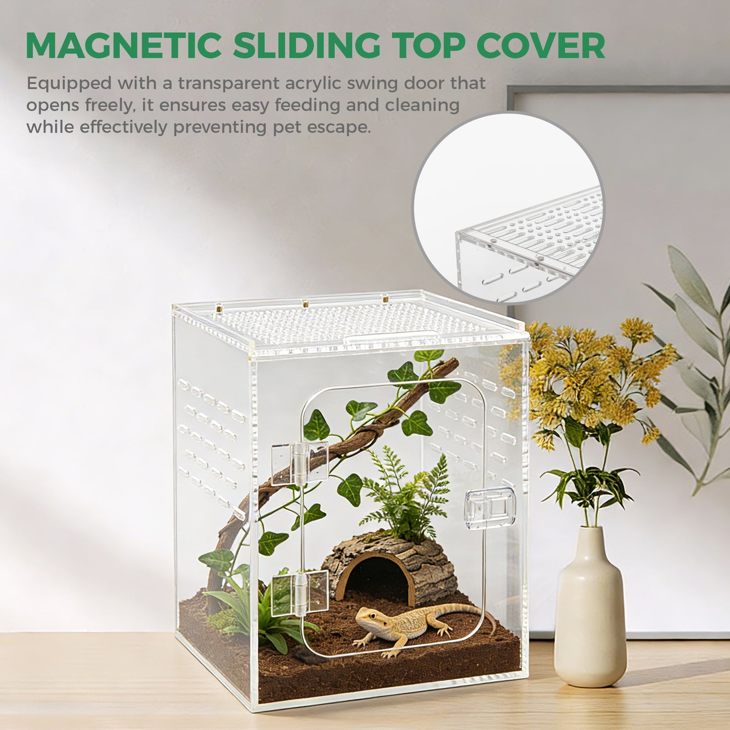 AIMOLLY Acrylic tall reptile enclosure， Ventilated pet cage, with 360° clear view, easy-to-clean living environment, suitable for geckos, frogs, insects, hermit crabs, etc.(Model: AML-PE25-0004/5/6/7)
