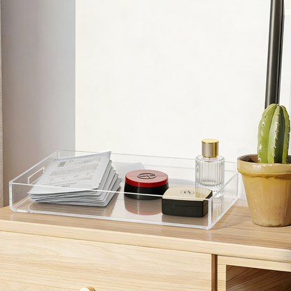 AIMOLLY - Clear Acrylic Serving Tray with Handles, Modern Rounded Square Tray for Bedroom Vanity, Coffee Table, Ottoman & Breakfast in Bed (Model: AML-HO25-0018)