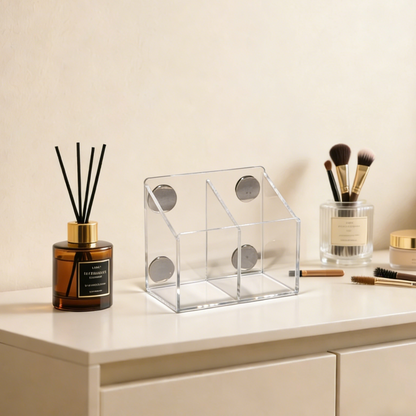 AIMOLLY Small Clear 2-Compartment Acrylic Makeup Organizer - Transparent Shatter-Proof Plastic Makeup Holder, Vanity Storage Solution for Bathroom & Beauty Supplies Model: AML-HO25-0019)