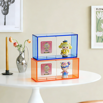 AIMOLLY Clear Acrylic Display Case for Hobby Collectibles, Easy Assemble Dust Cover Showcase & Stackable Storage Box (Model: AML-HO25-0020/0021）