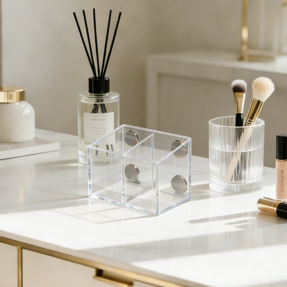 AIMOLLY Small Clear 2-Compartment Acrylic Makeup Organizer - Transparent Shatter-Proof Plastic Makeup Holder, Vanity Storage Solution for Bathroom & Beauty Supplies Model: AML-HO25-0019)