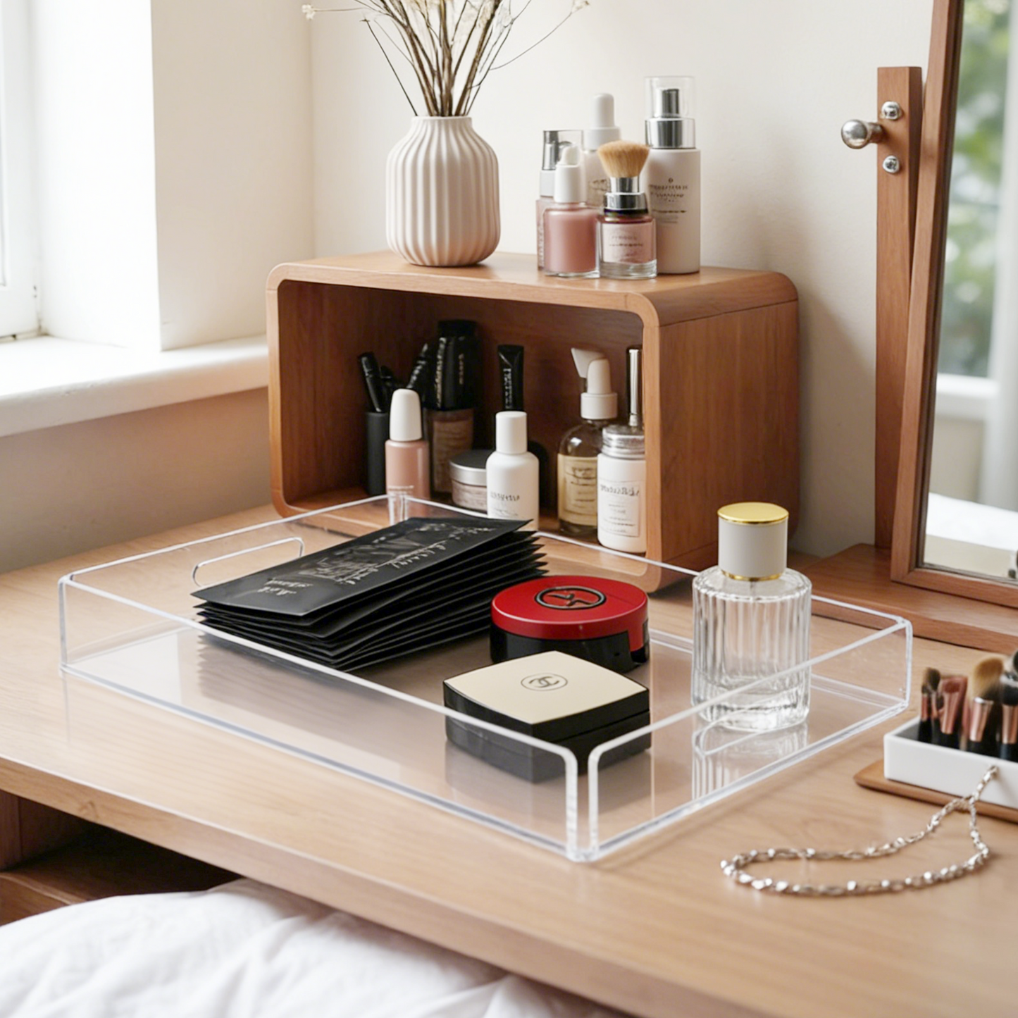 AIMOLLY - Clear Acrylic Serving Tray with Handles, Modern Rounded Square Tray for Bedroom Vanity, Coffee Table, Ottoman & Breakfast in Bed (Model: AML-HO25-0018)