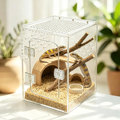 AIMOLLY Acrylic tall reptile enclosure， Ventilated pet cage, with 360° clear view, easy-to-clean living environment, suitable for geckos, frogs, insects, hermit crabs, etc.(Model: AML-PE25-0004/5/6/7)