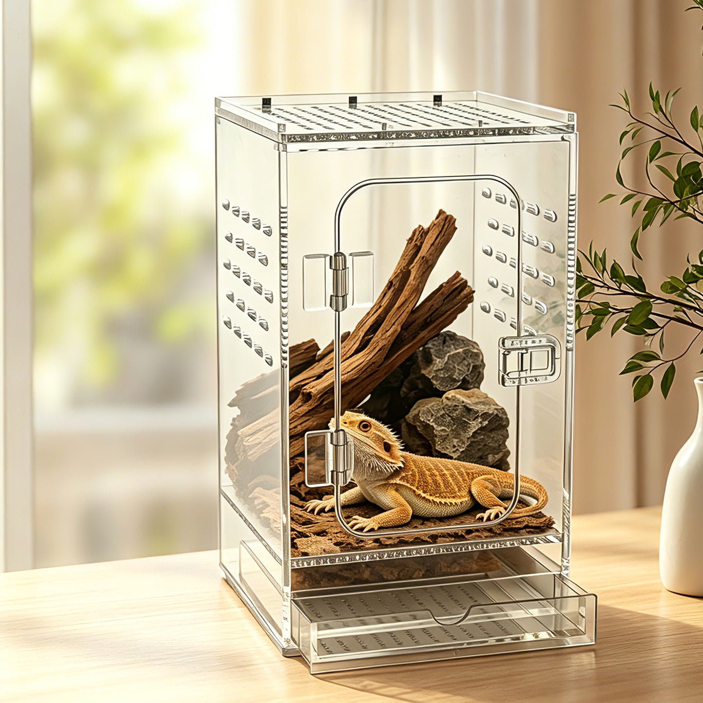 AIMOLLY Acrylic tall reptile enclosure， Ventilated pet cage, with 360° clear view, easy-to-clean living environment, suitable for geckos, frogs, insects, hermit crabs, etc.(Model: AML-PE25-0004/5/6/7)