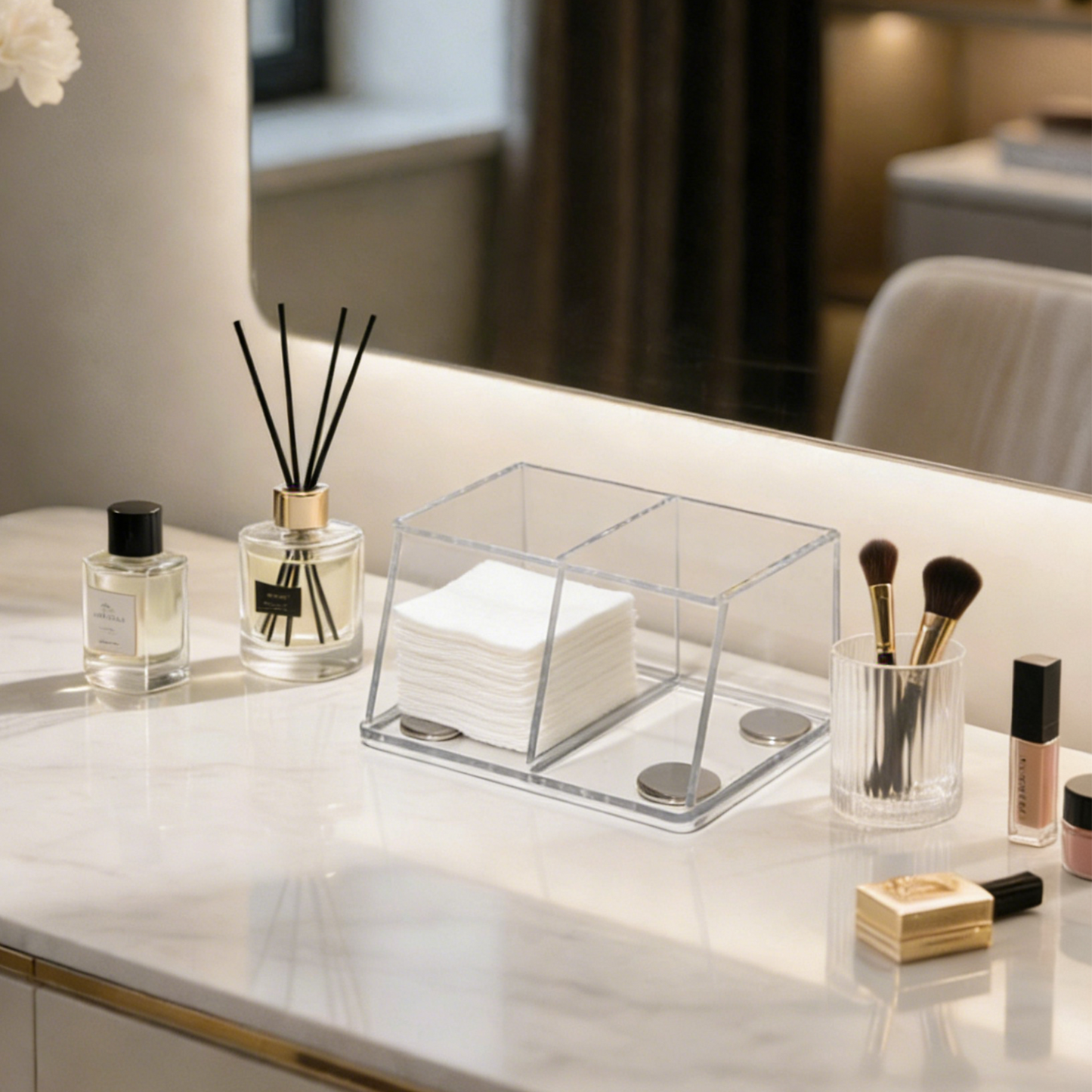 AIMOLLY Small Clear 2-Compartment Acrylic Makeup Organizer - Transparent Shatter-Proof Plastic Makeup Holder, Vanity Storage Solution for Bathroom & Beauty Supplies Model: AML-HO25-0019)