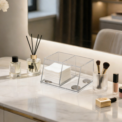 AIMOLLY Small Clear 2-Compartment Acrylic Makeup Organizer - Transparent Shatter-Proof Plastic Makeup Holder, Vanity Storage Solution for Bathroom & Beauty Supplies Model: AML-HO25-0019)