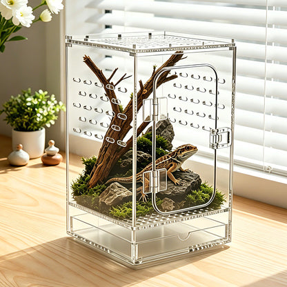 AIMOLLY Acrylic tall reptile enclosure， Ventilated pet cage, with 360° clear view, easy-to-clean living environment, suitable for geckos, frogs, insects, hermit crabs, etc.(Model: AML-PE25-0004/5/6/7)