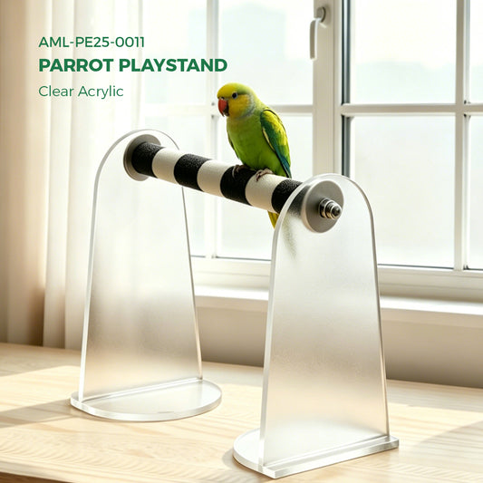 AIMOLLY acrylic Parrot Sand Perch，  Bird perching stand with claw grinding rod, a portable resting station for small birds，AML-PE25-0010/11