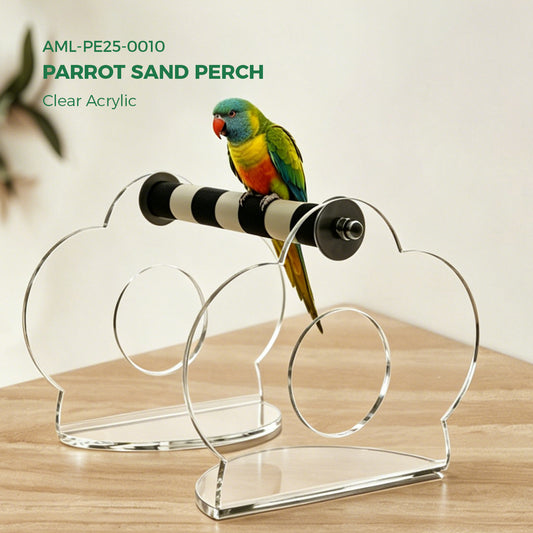 AIMOLLY acrylic Parrot Sand Perch，  Bird perching stand with claw grinding rod, a portable resting station for small birds，AML-PE25-0010/11