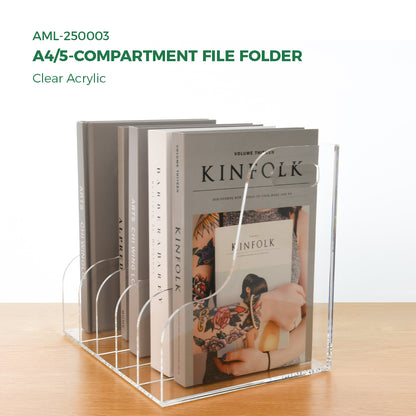 AIMOLLY Acrylic Magazine File Rack -3/5 Compartment Vertical Compartment Desktop Organizer, Clear Document Sorter with Binders, Suitable for Office, Bookstore and Workspace Storage. (Model AML-003/004)