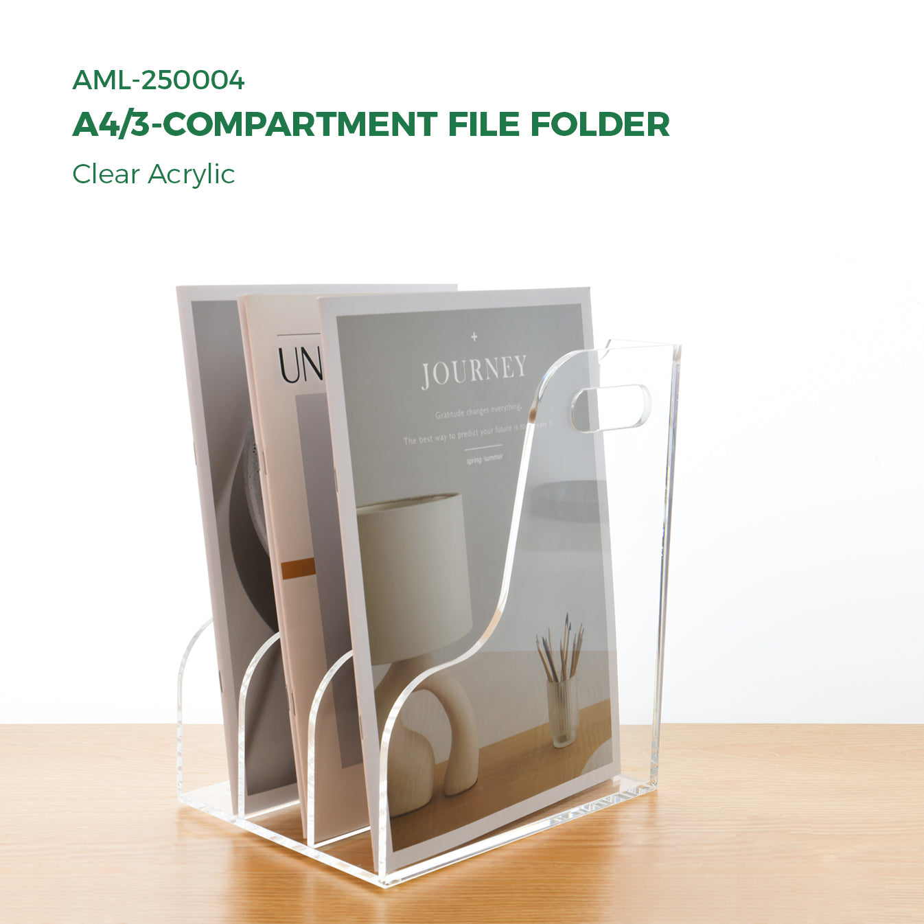 AIMOLLY Acrylic Magazine File Rack -3/5 Compartment Vertical Compartment Desktop Organizer, Clear Document Sorter with Binders, Suitable for Office, Bookstore and Workspace Storage. (Model AML-003/004)