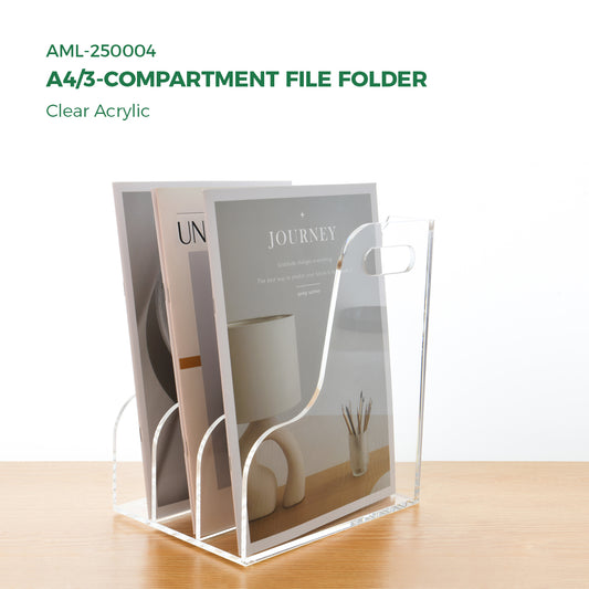 AIMOLLY Acrylic Magazine File Rack -3/5 Compartment Vertical Compartment Desktop Organizer, Clear Document Sorter with Binders, Suitable for Office, Bookstore and Workspace Storage. (Model AML-003/004)