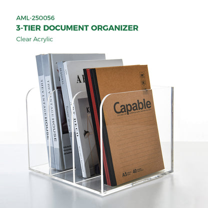 AIMOLLY transparent acrylic file rack - 3/4 vertical compartment desktop organizer, suitable for office and home, desk file storage rack(Model AML-056/057)