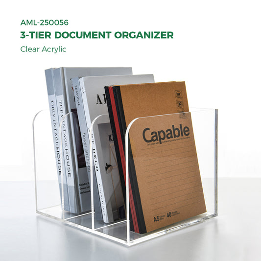 AIMOLLY transparent acrylic file rack - 3/4 vertical compartment desktop organizer, suitable for office and home, desk file storage rack(Model AML-056/057)