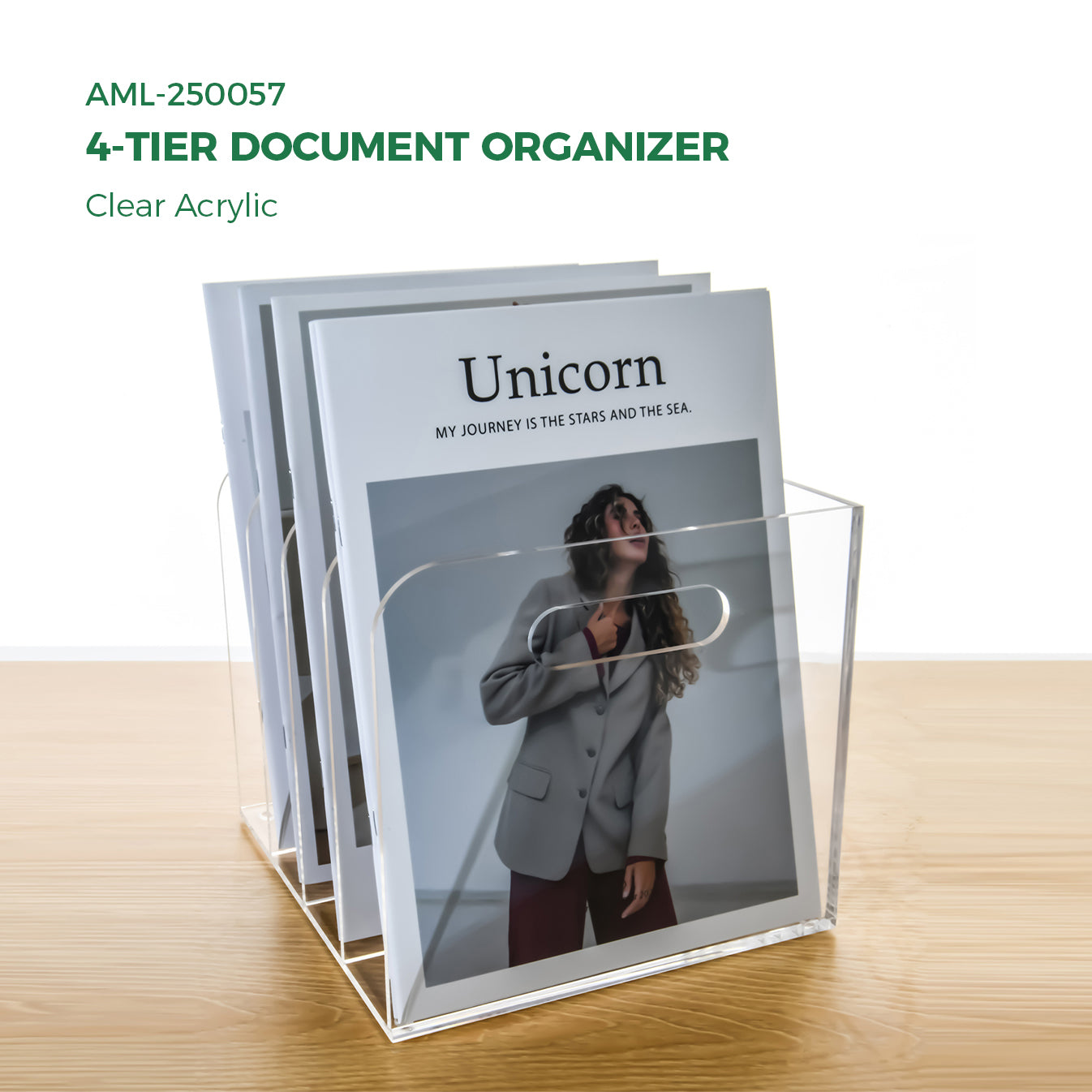 AIMOLLY transparent acrylic file rack - 3/4 vertical compartment desktop organizer, suitable for office and home, desk file storage rack(Model AML-056/057)