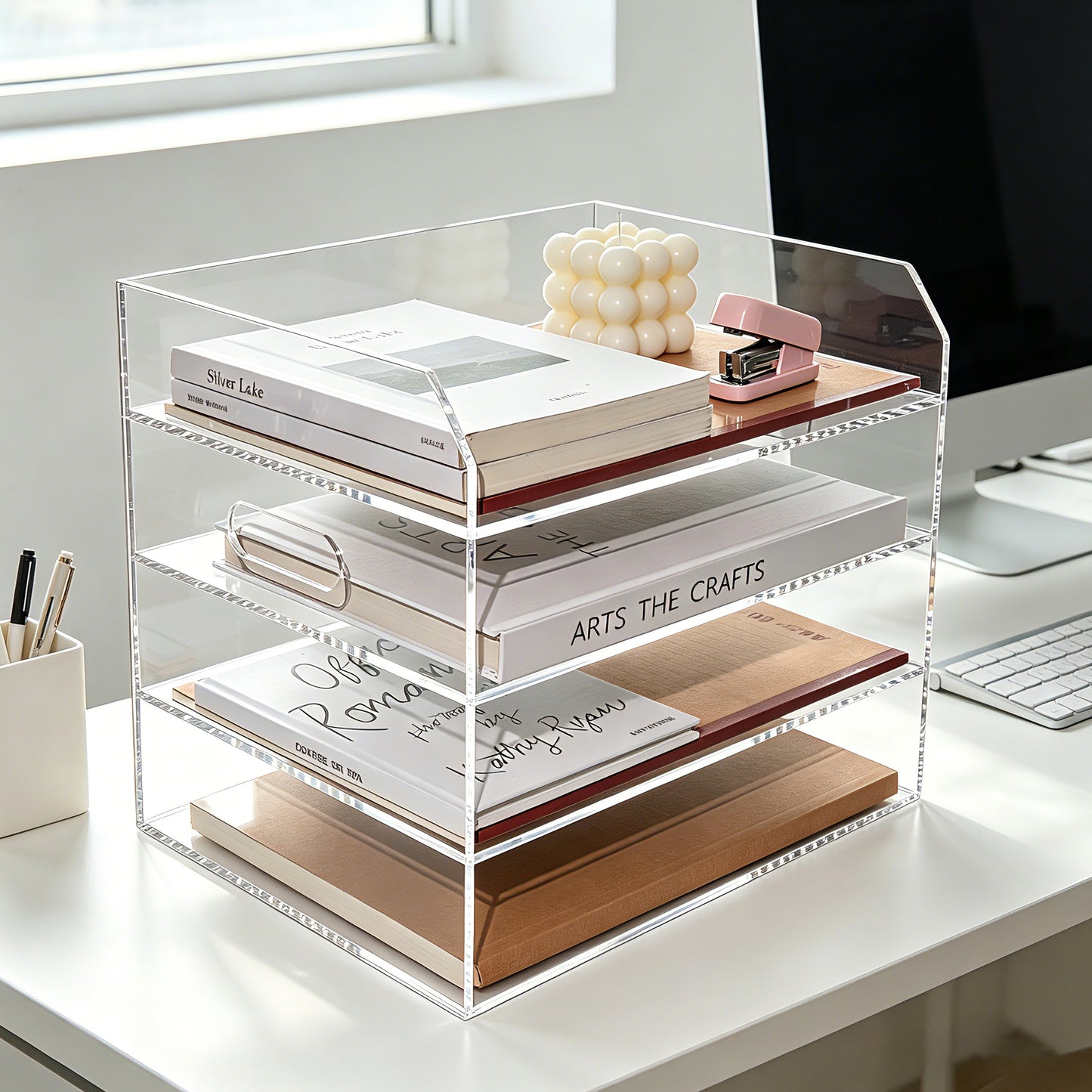 AIMOLLY book paper tray organizer, suitable for double-layer acrylic organizers and accessories on the desktop, one-piece A4 paper organizer with handle, transparent letter tray and compact office folder, model AML-060/061)