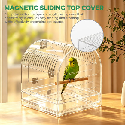 AIMOLLY Acrylic parrot cage，Magnetic sliding top, transparent portable parrot cage, breathable small pet bird cage.Model: AML-PE25-0008