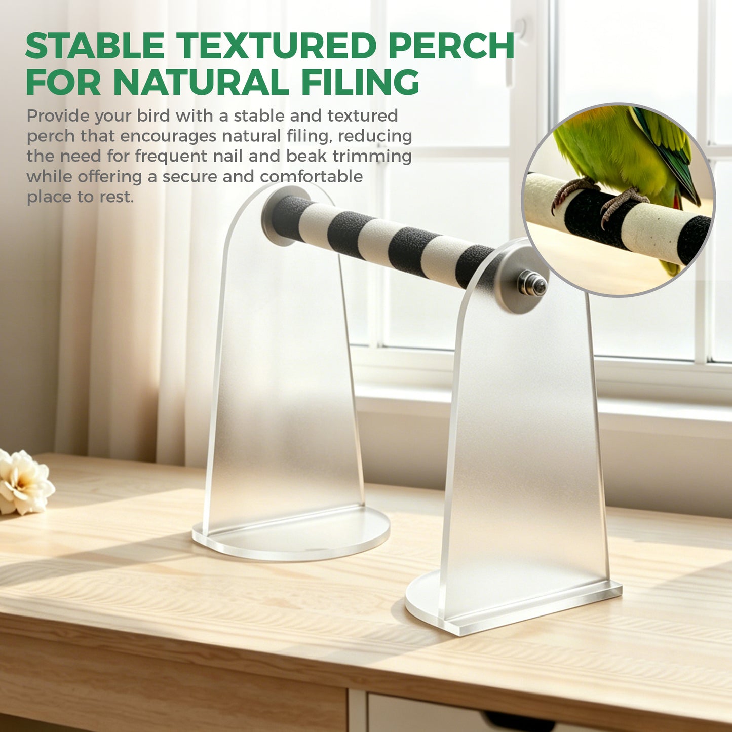 AIMOLLY acrylic Parrot Sand Perch，  Bird perching stand with claw grinding rod, a portable resting station for small birds，AML-PE25-0010/11