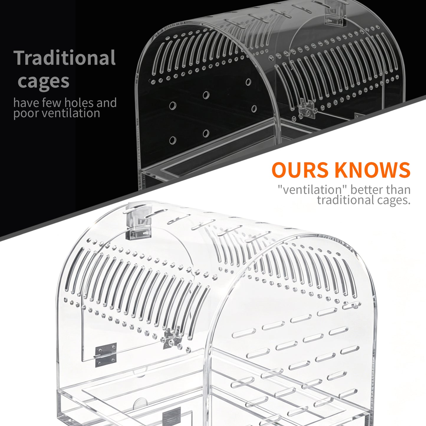 AIMOLLY Acrylic parrot cage，Magnetic sliding top, transparent portable parrot cage, breathable small pet bird cage.Model: AML-PE25-0008