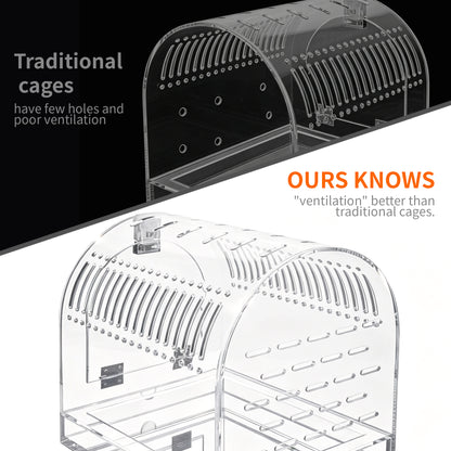 AIMOLLY Acrylic parrot cage，Magnetic sliding top, transparent portable parrot cage, breathable small pet bird cage.Model: AML-PE25-0008