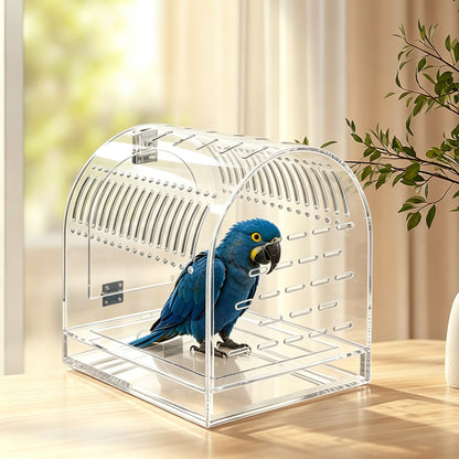AIMOLLY Acrylic parrot cage，Magnetic sliding top, transparent portable parrot cage, breathable small pet bird cage.Model: AML-PE25-0008