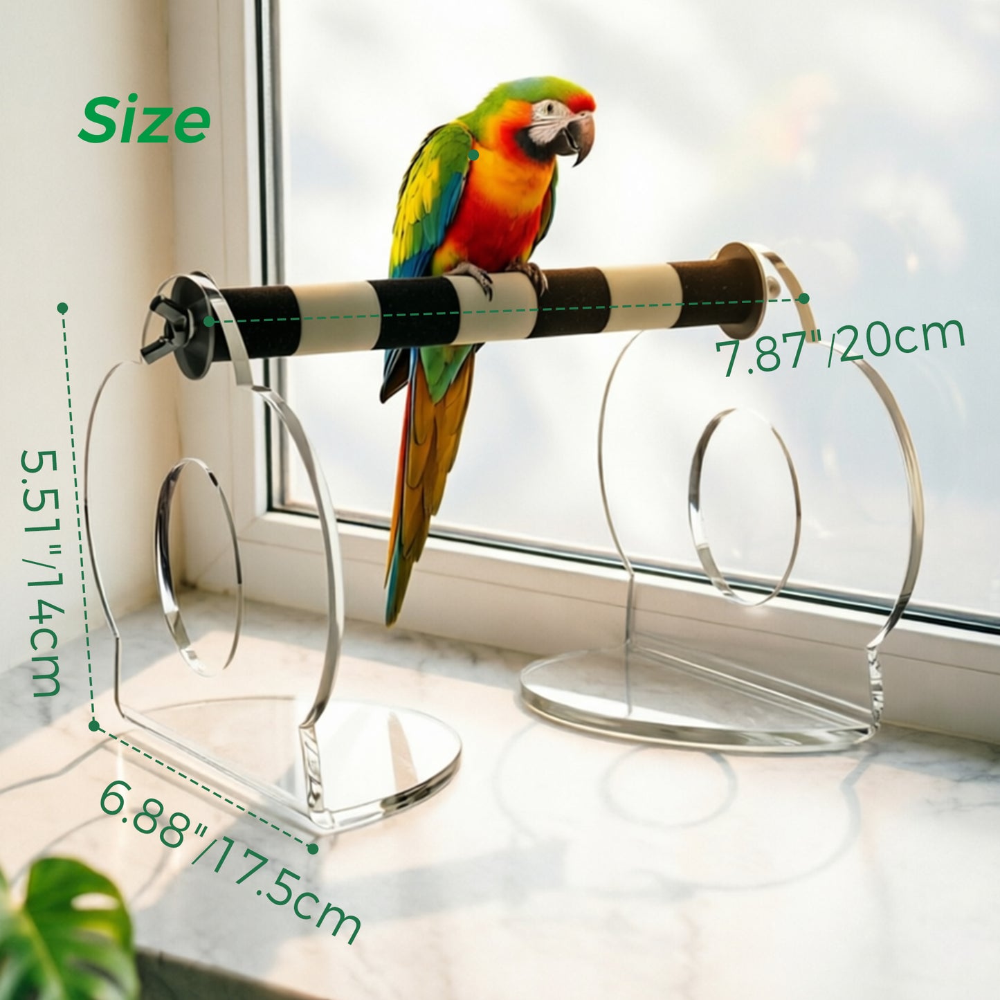 AIMOLLY acrylic Parrot Sand Perch，  Bird perching stand with claw grinding rod, a portable resting station for small birds，AML-PE25-0010/11