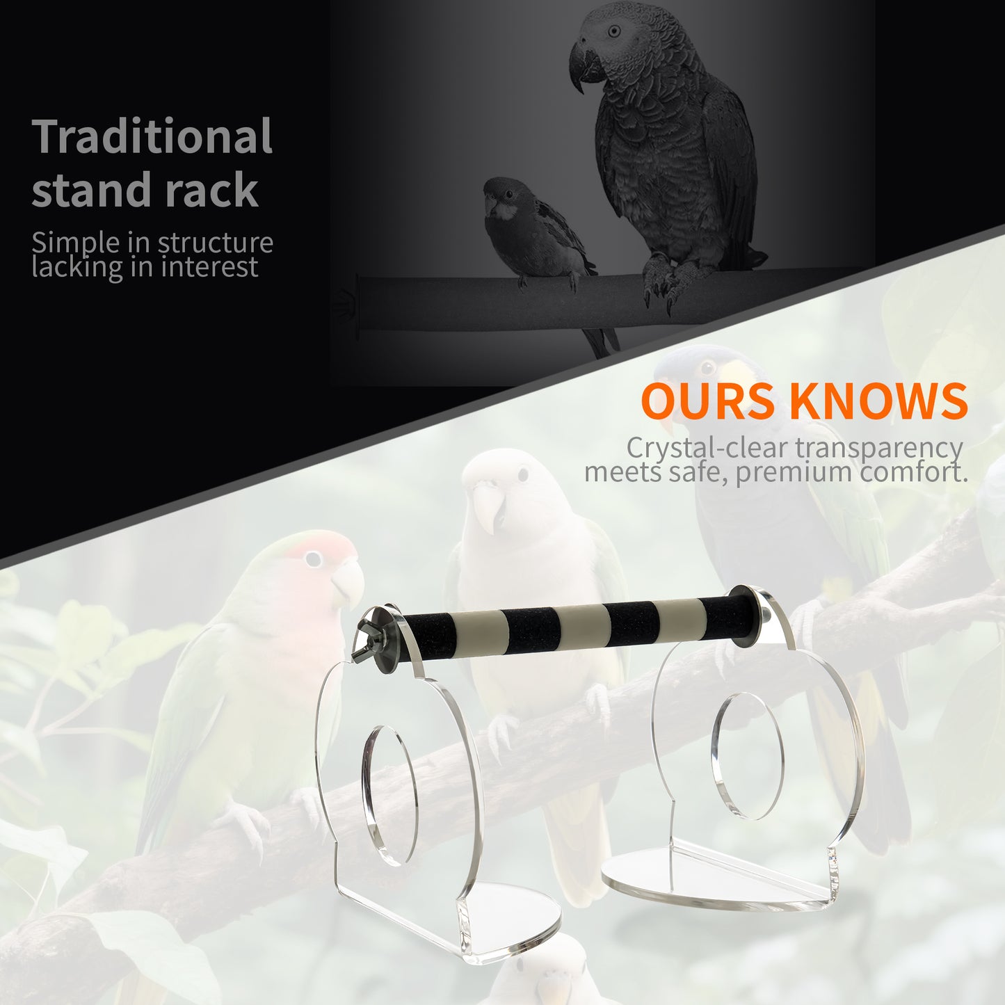 AIMOLLY acrylic Parrot Sand Perch，  Bird perching stand with claw grinding rod, a portable resting station for small birds，AML-PE25-0010/11