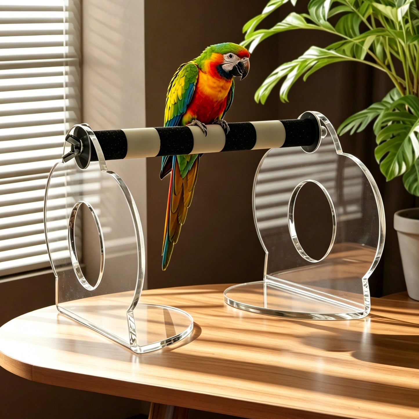 AIMOLLY acrylic Parrot Sand Perch，  Bird perching stand with claw grinding rod, a portable resting station for small birds，AML-PE25-0010/11